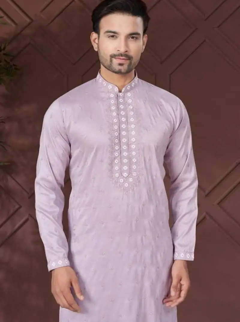 Lavender pure silk with embroidery work kurta pyjama for mens wear