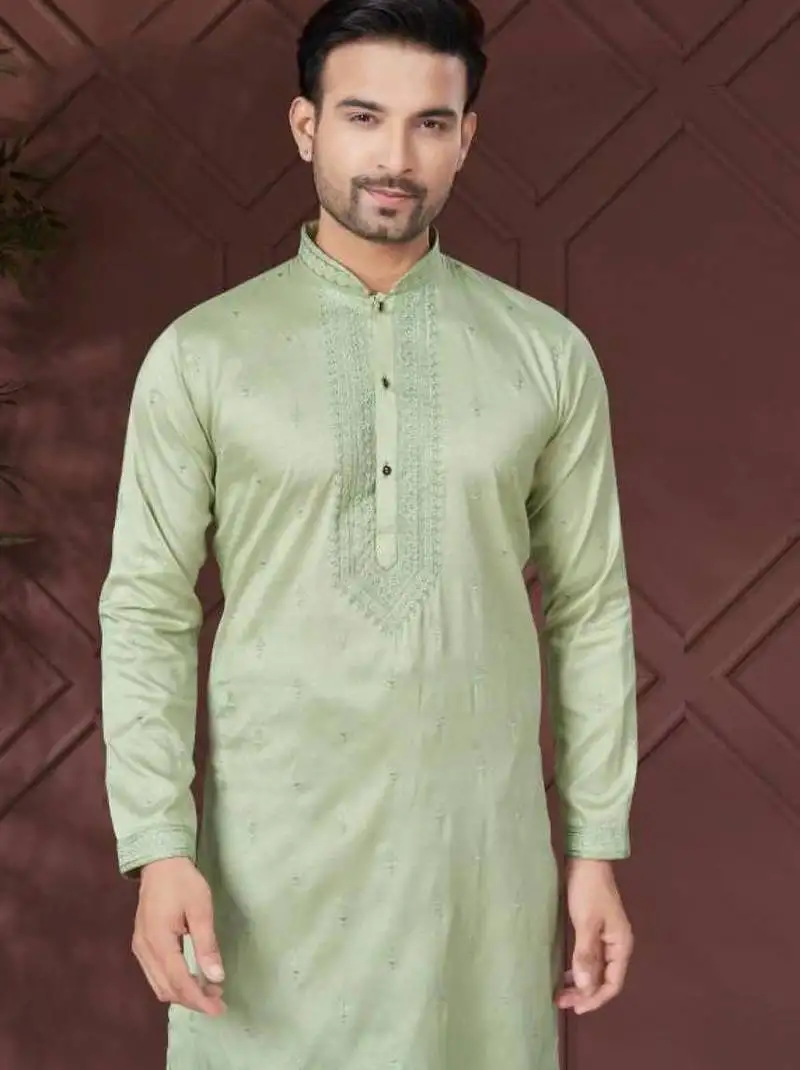 Light green pure silk with embroidery work kurta pyjama for mens wear