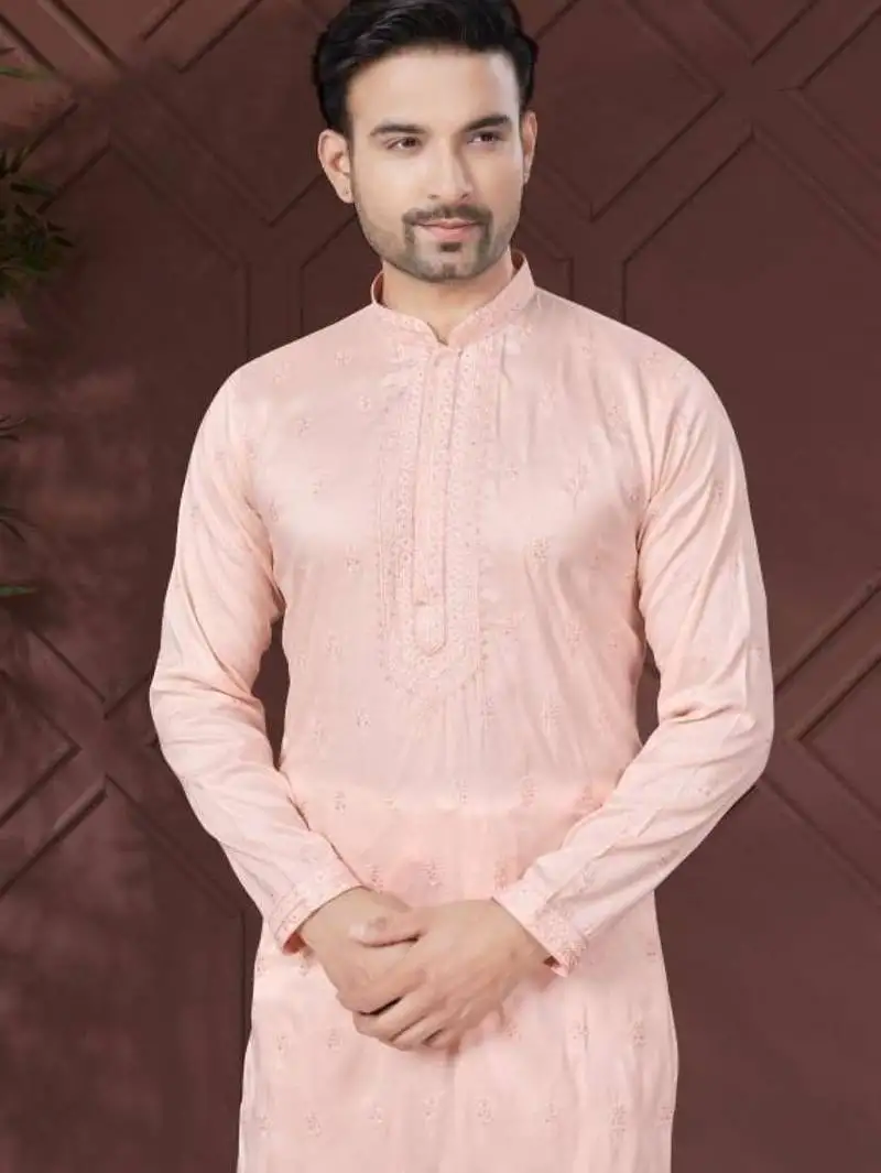 Peach pure silk with embroidery work kurta pyjama for mens wear