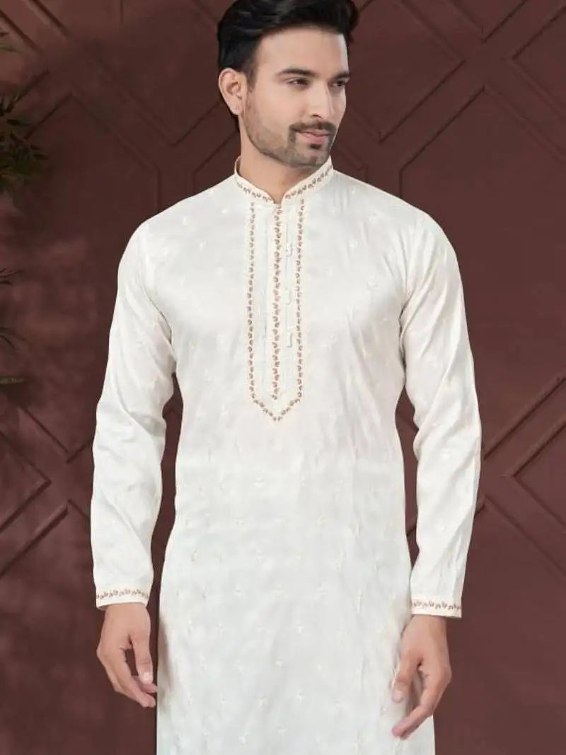 White pure silk with embroidery work kurta pyjama for mens wear