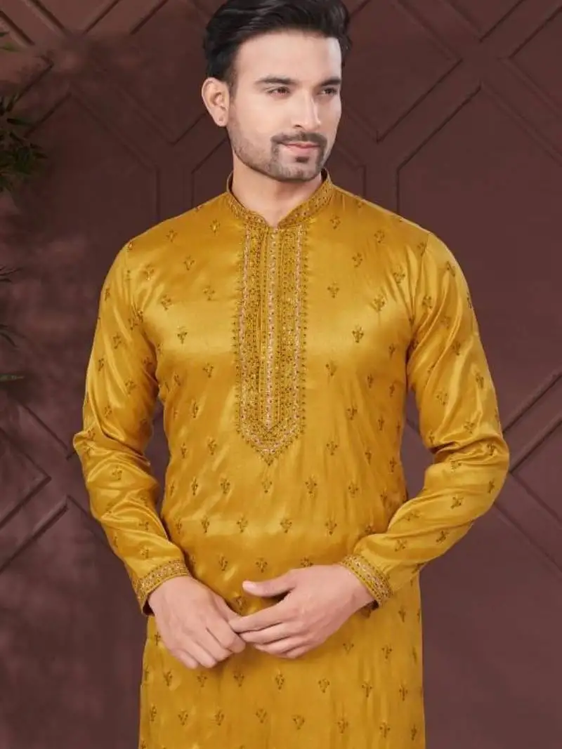 Yellow pure silk with embroidery work kurta pyjama for mens wear