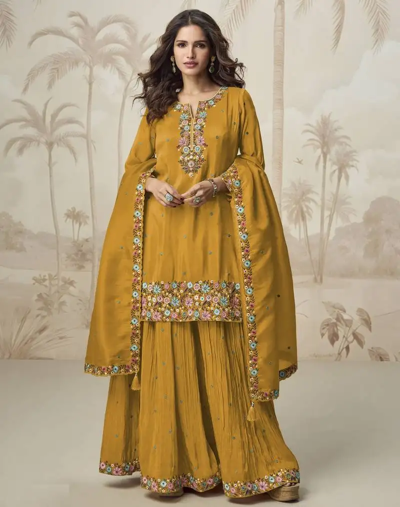 Yellow embroidered roman simar free size stitched palazzo style salwar suit