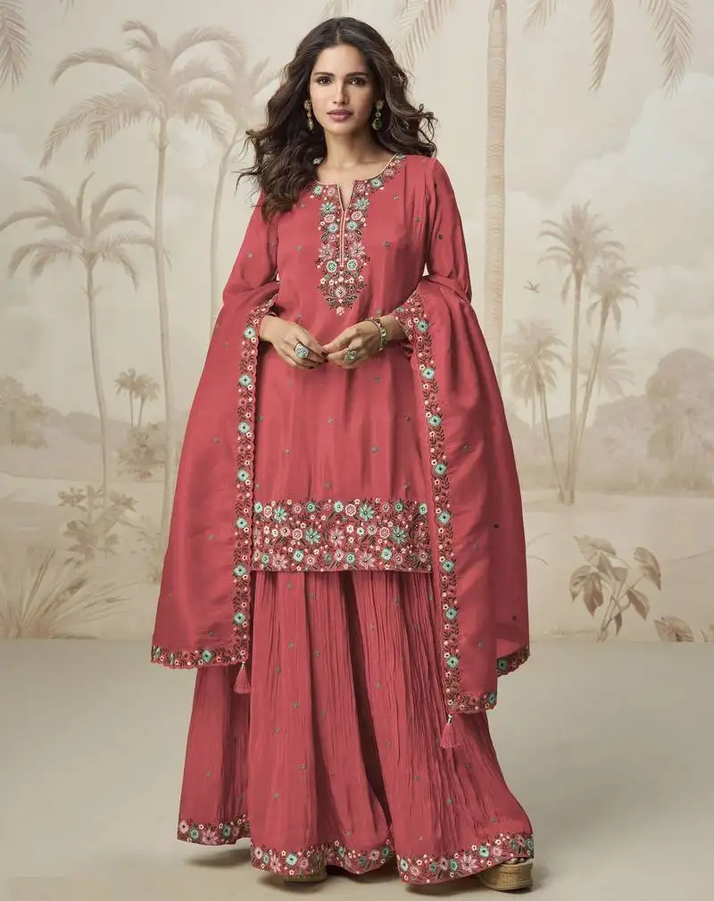 Red embroidered roman simar free size stitched palazzo style salwar suit
