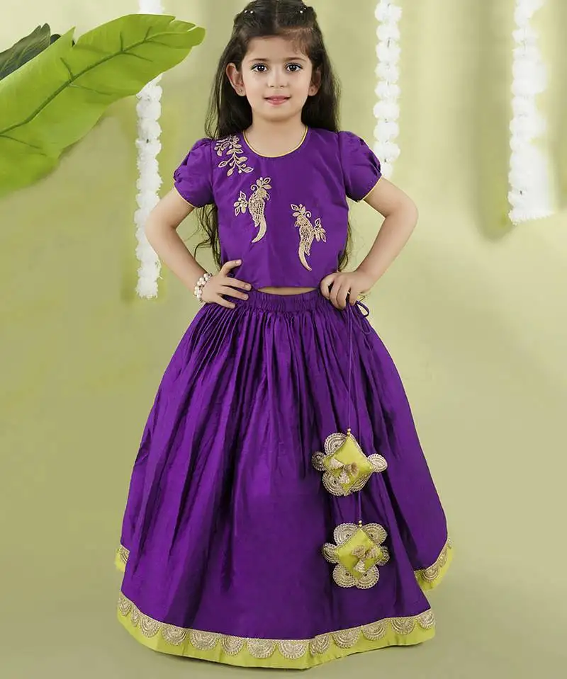 Purple cotton silk embroidered girls gharara paired with blouse