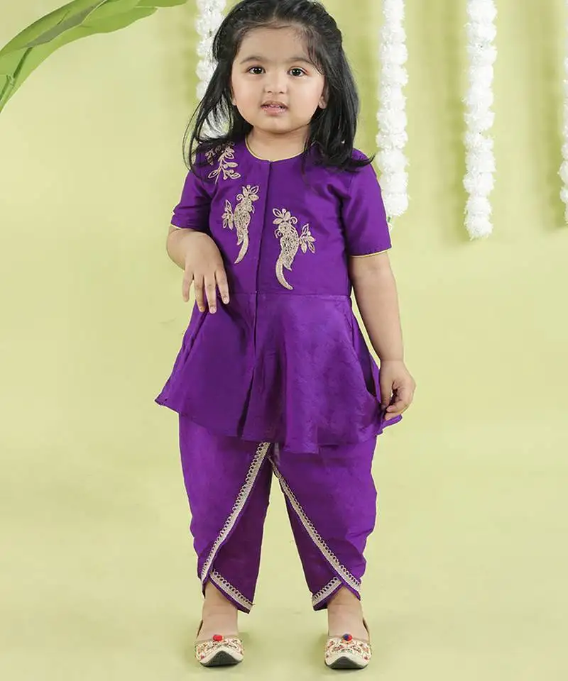 Purple cotton silk embroidered girls top & dhoti