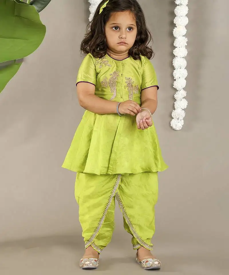 Green cotton silk embroidered girls top & dhoti