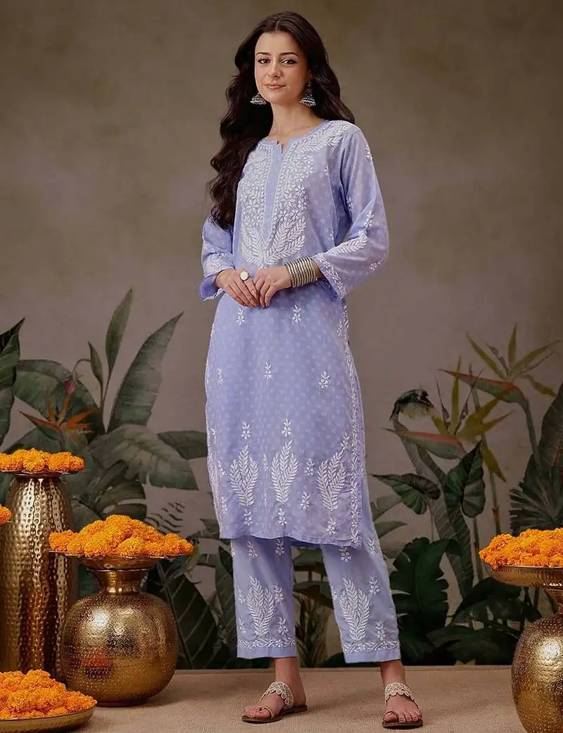 Hand embroidered mauve cotton lucknowi chikankari co-ord set