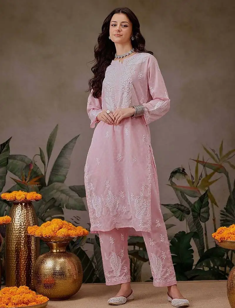 Hand embroidered pink cotton lucknowi chikankari co-ord set
