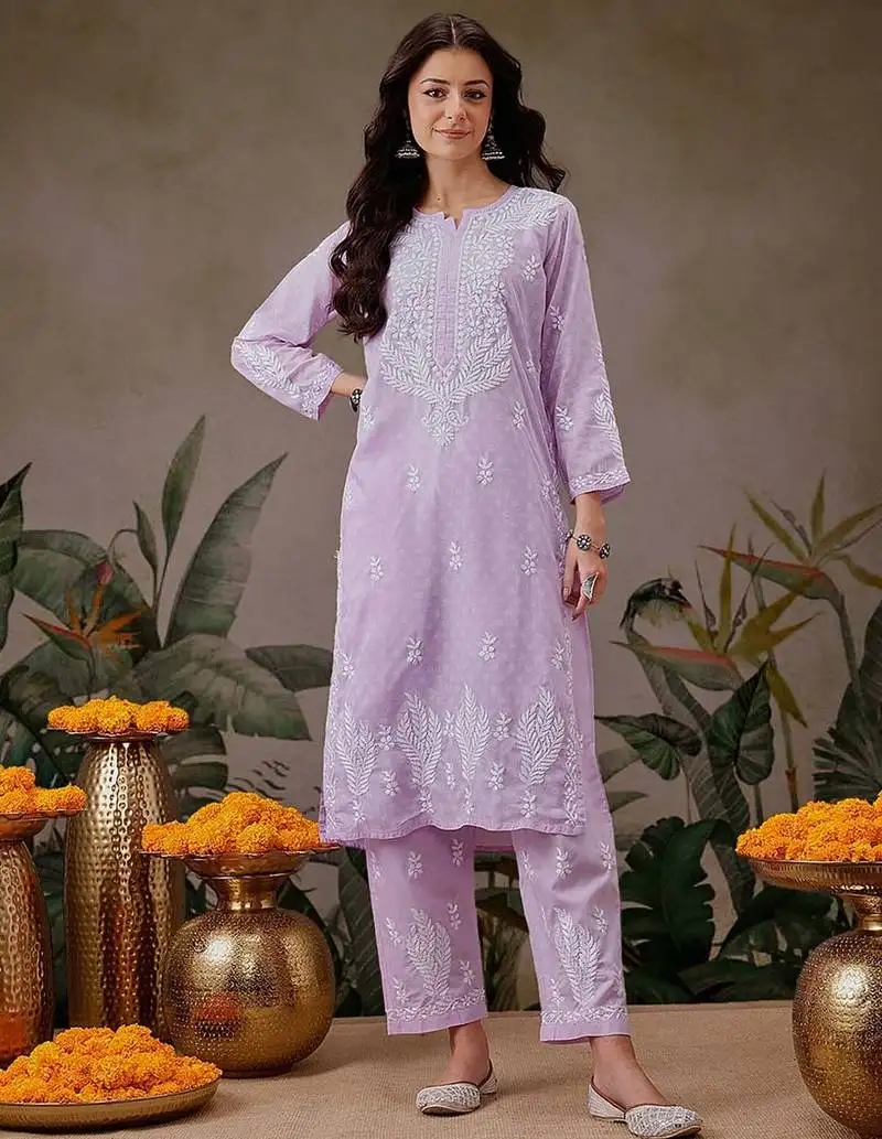 Hand embroidered lavender cotton lucknowi chikankari co-ord set
