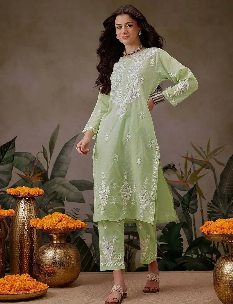 Hand embroidered liril geen cotton lucknowi chikankari co-ord set