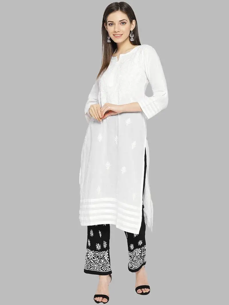 Hand embroidered white cotton lucknowi chikankari kurta with palazzo set