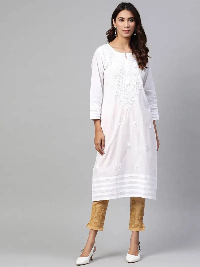 Hand embroidered white cotton lucknowi chikankari straight kurta with palazzo