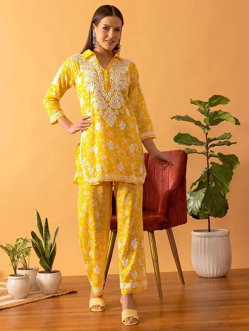 Hand embroidered floral printed yellow cotton lucknowi chikankari co-ord set