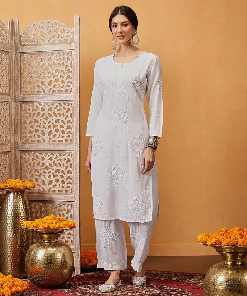 Hand embroidered white cotton lucknowi chikankari straight kurta::Palazzo set with muqaish work