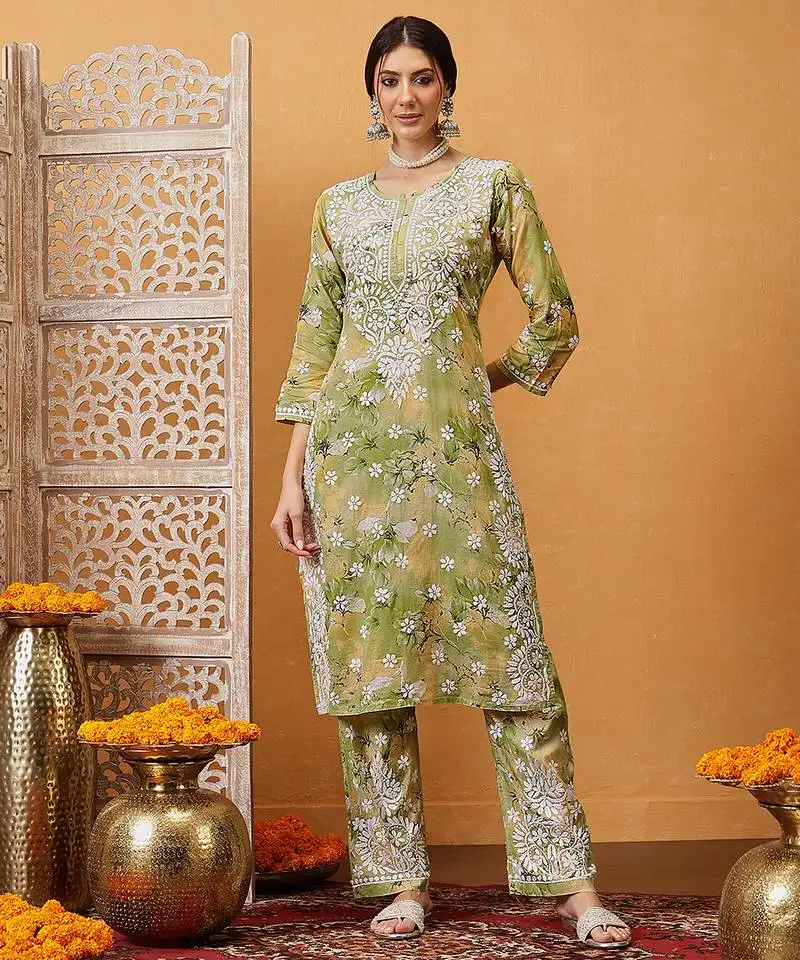 Hand embroidered floral printed green and yellow cotton lucknowi chikankari co-ord set