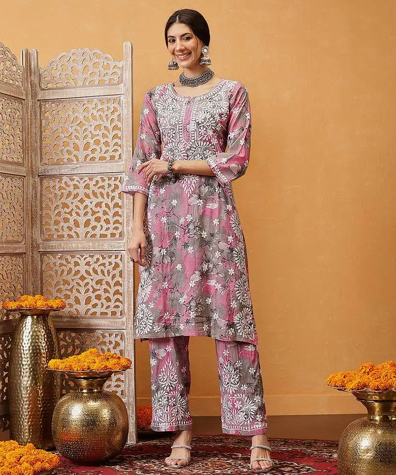 Hand embroidered floral printed pink and grey cotton lucknowi chikankari co-ord set