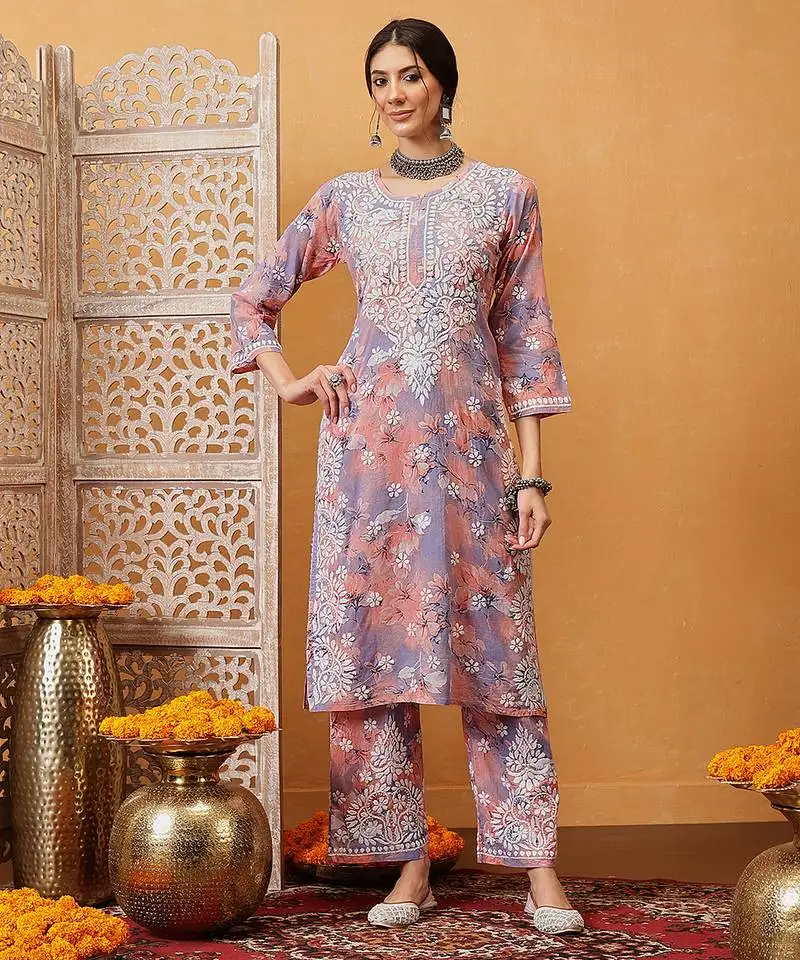 Hand embroidered floral printed peach and purple cotton lucknowi chikankari co-ord set
