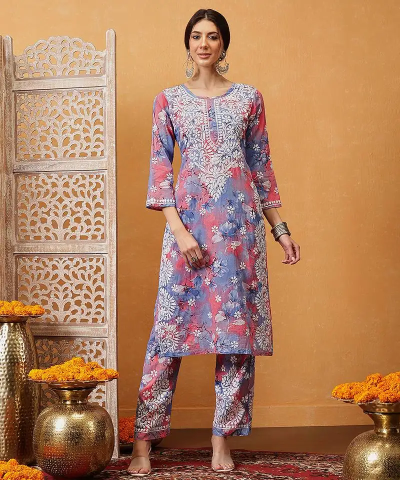 Hand embroidered floral printed carrot pink and blue cotton lucknowi chikankari co-ord set