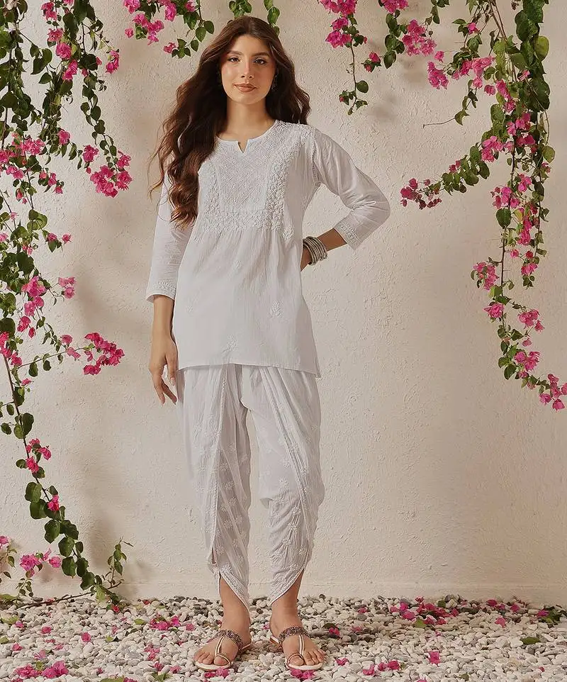 Hand embroidered white cotton lucknowi chikankari kurta and dhoti