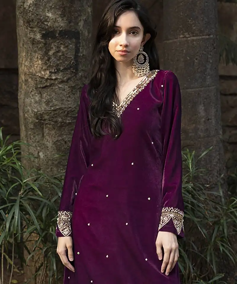 Wine velvet embroidered kurta & pant set