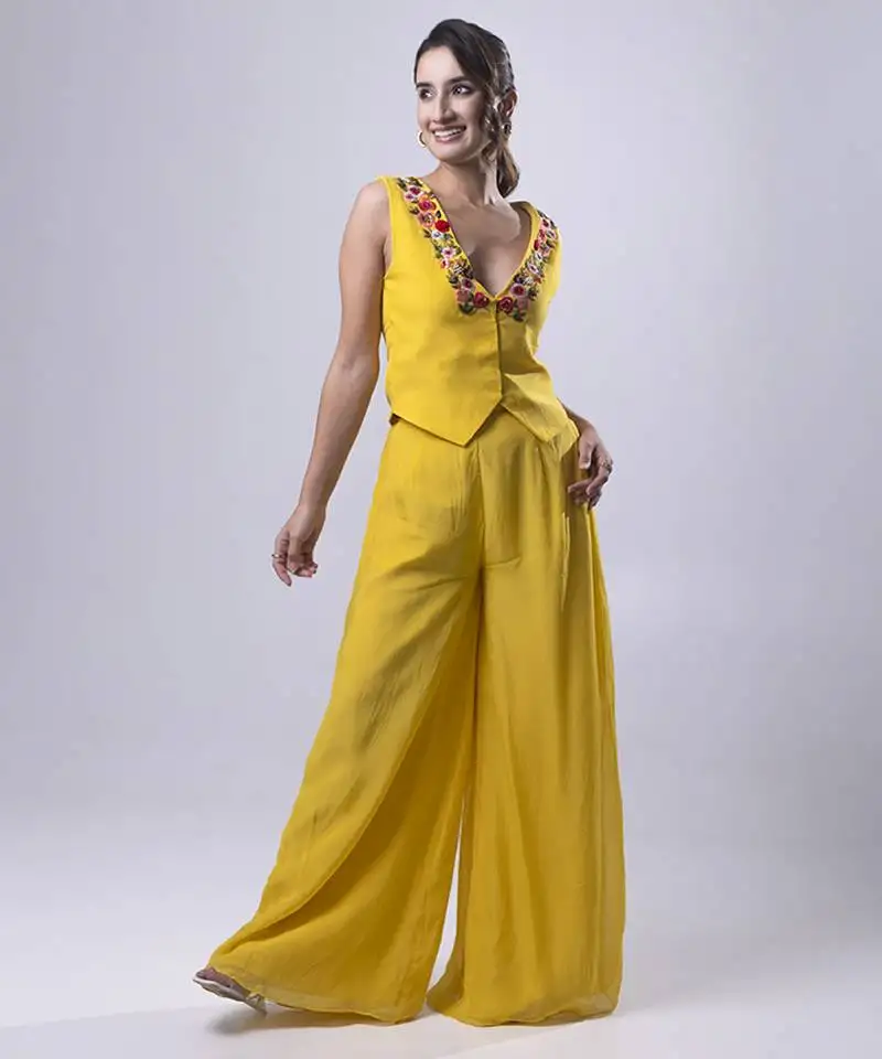 Yellow organza plain co ord set