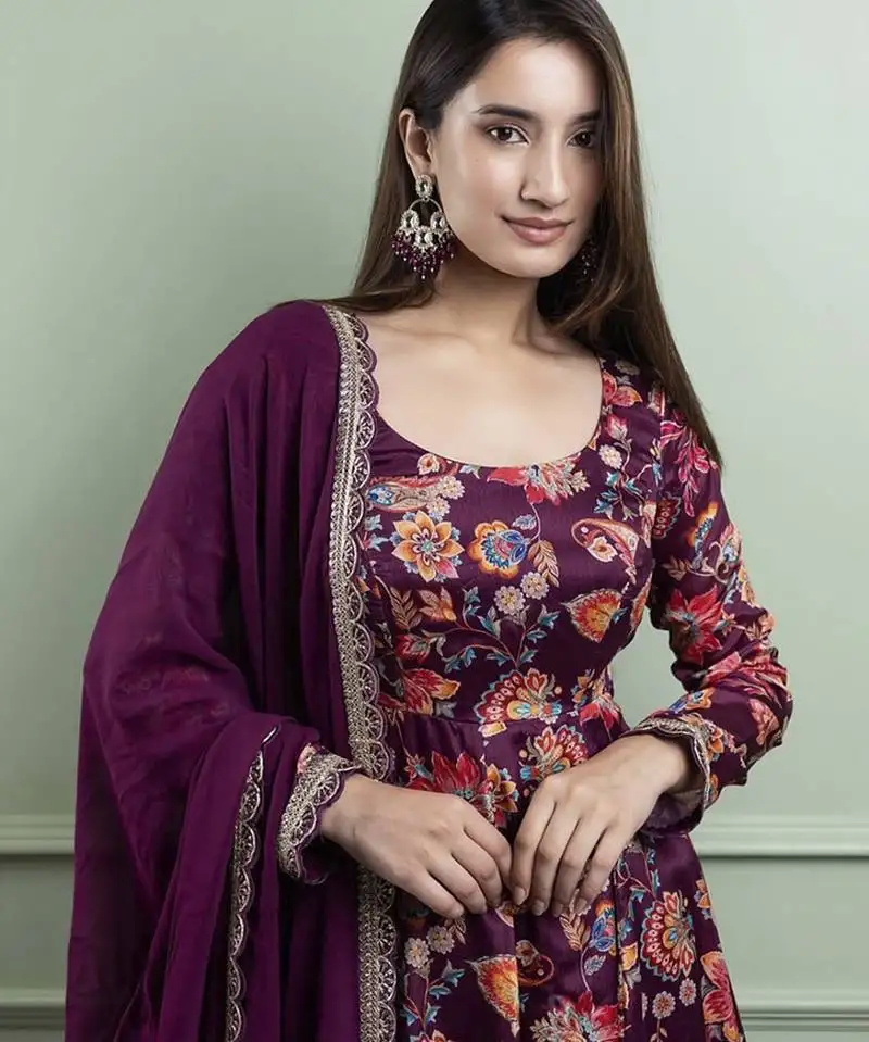 Wine crepe printed kurta set