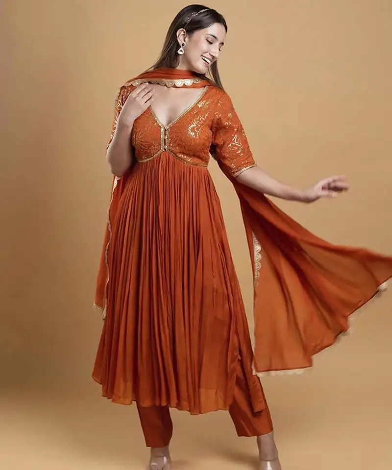 Orange crepe embroidered kurta set