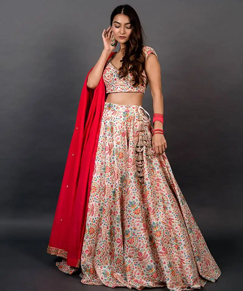 White silk printed lehenga