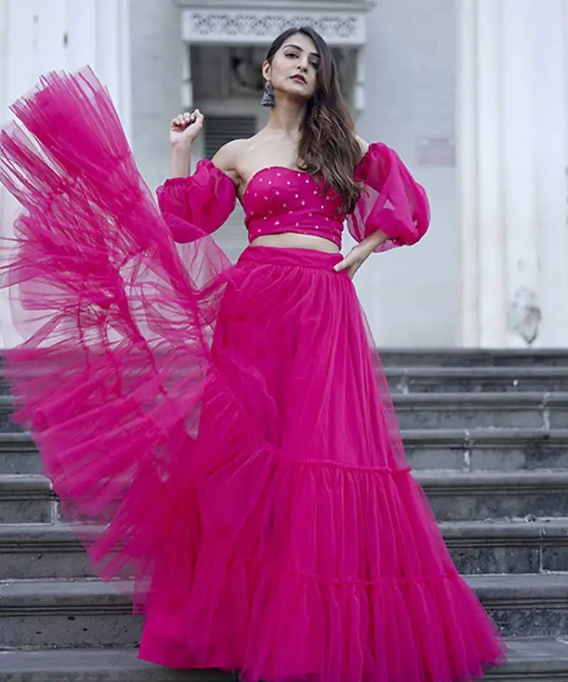 Pink net plain lehenga