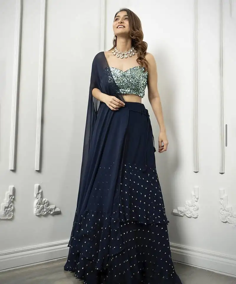 Navy-blue georgette embroidered lehenga