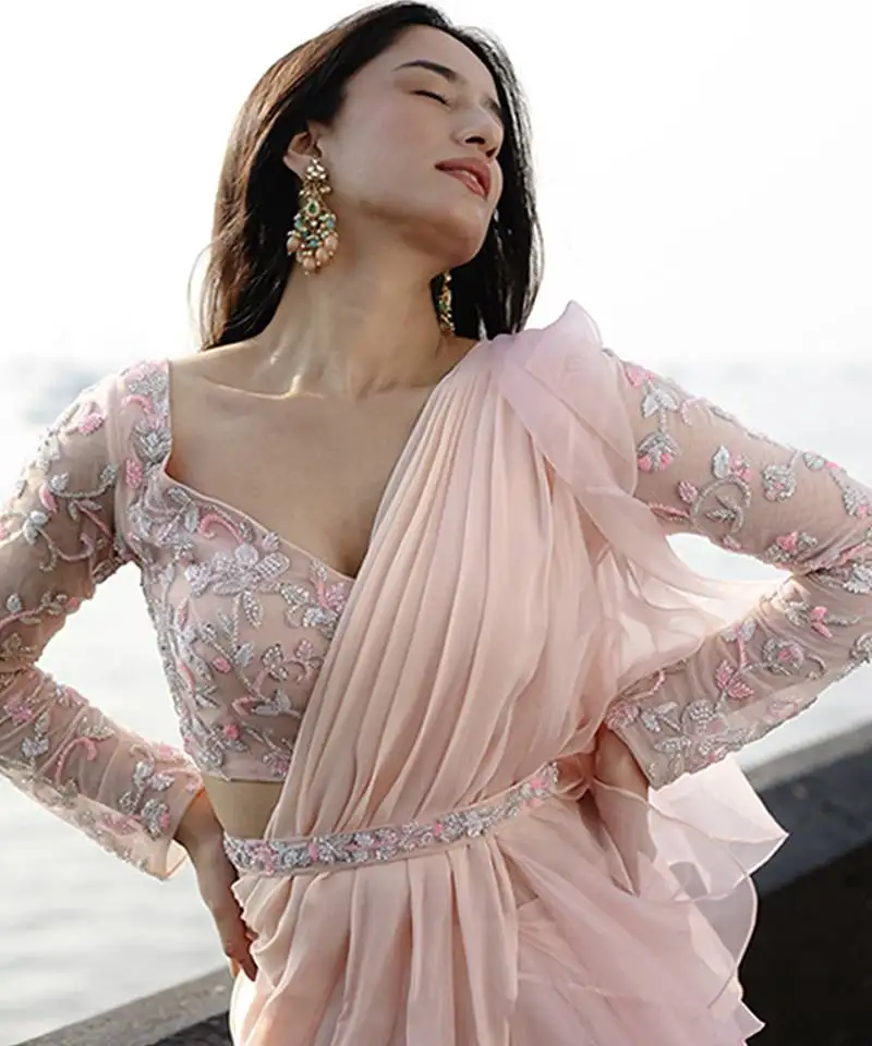 Pink organza plain saree with embroidered blouse & belt