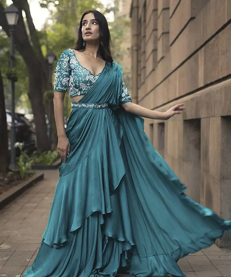 Blue satin plain saree with embroidered blouse & belt