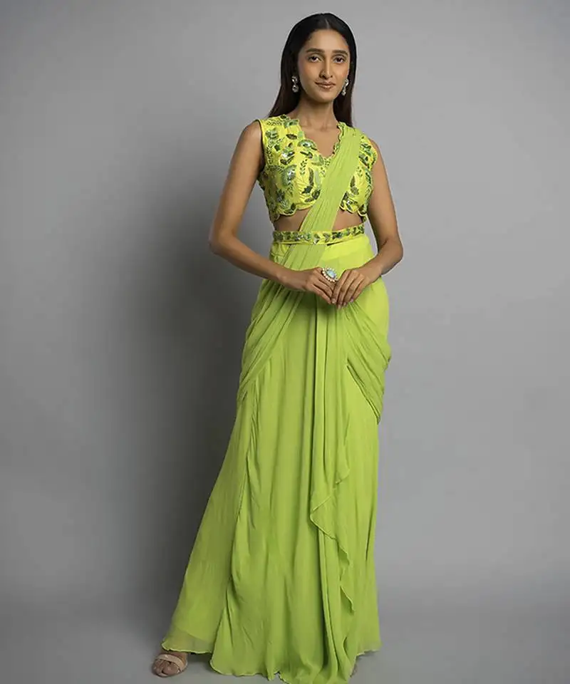 Green georgette plain saree with embroidered blouse & belt