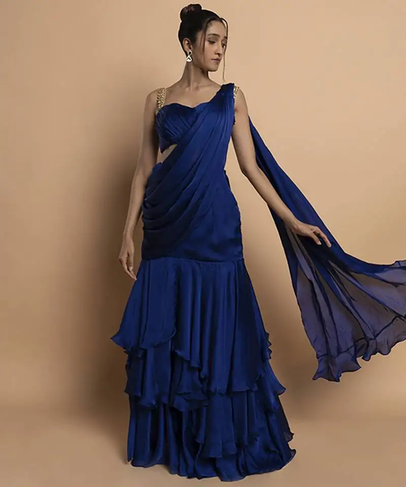 Navy blue satin plain saree with embroidered blouse & belt