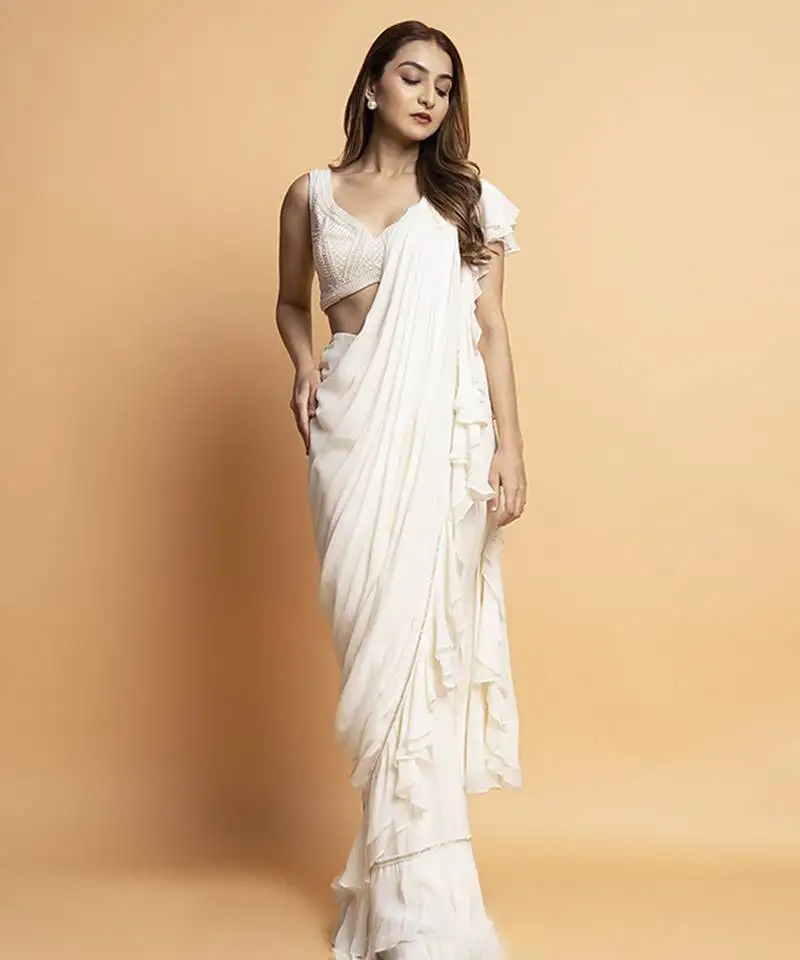 White georgette plain saree with embroidered blouse & belt