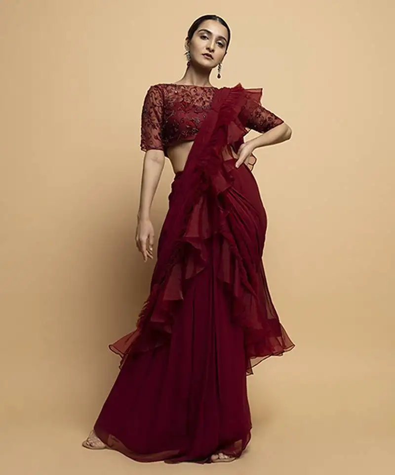 Maroon organza plain saree with embroidered blouse & belt