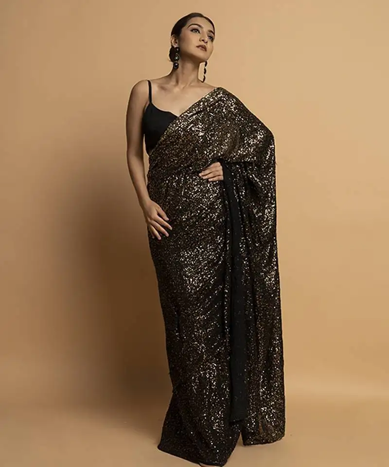 Black georgette embroidered saree with embroidered blouse & belt