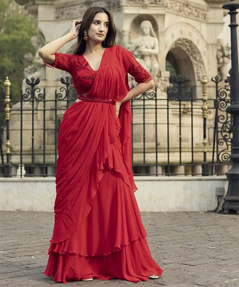 Red georgette plain saree with embroidered blouse & belt