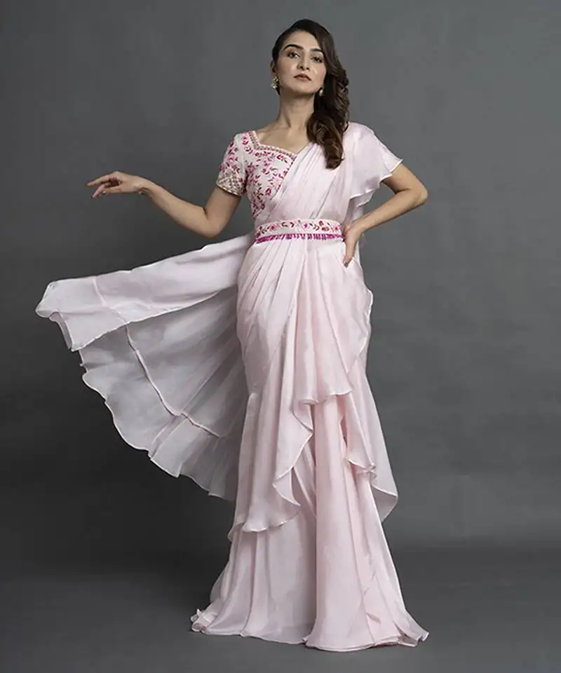 Pink satin plain saree with embroidered blouse & belt