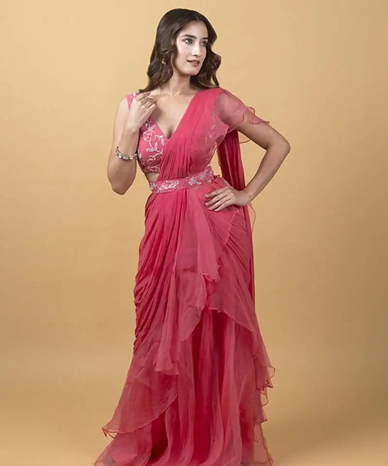 Pink organza plain saree with embroidered blouse