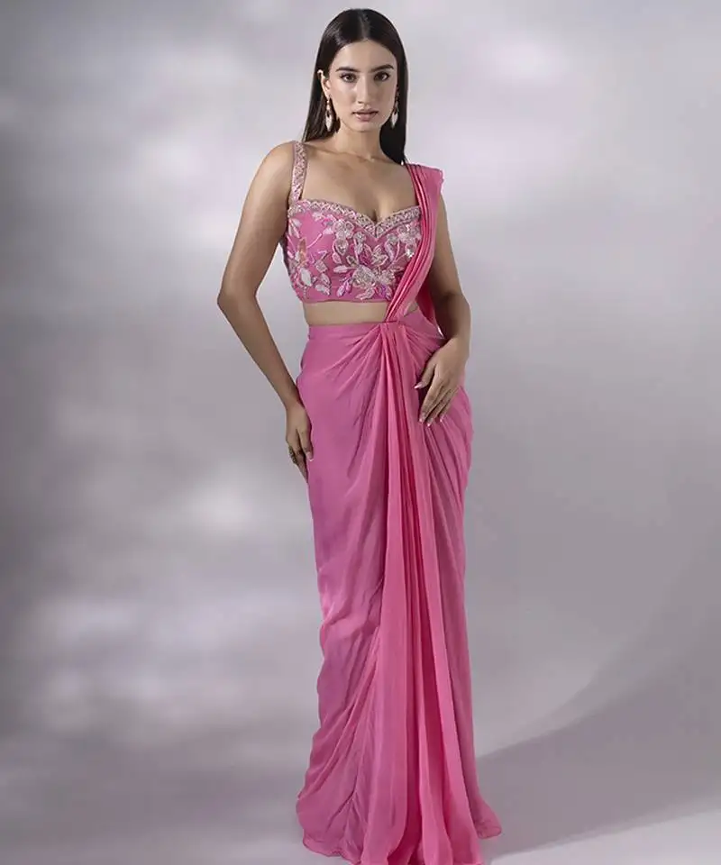 Pink georgette plain saree with embroidered blouse