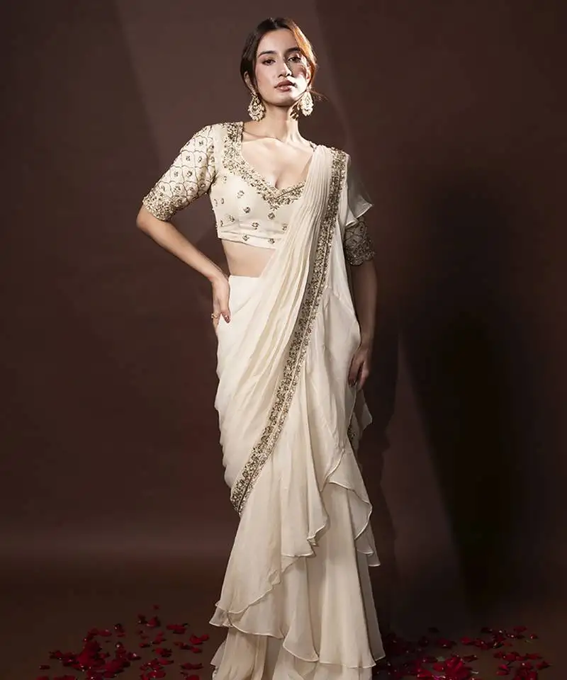 White organza plain saree with embroidered blouse
