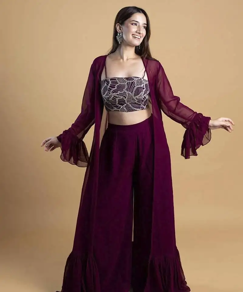 Wine georegette plain cape paired with top & pant