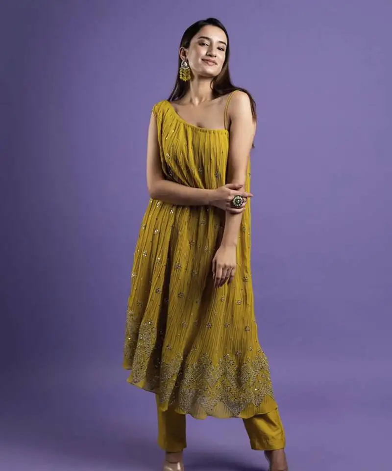 Mustard georegette embroidered kurta with pant