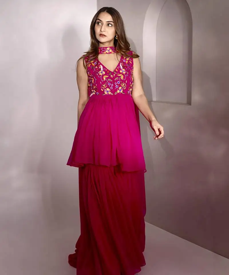 Pink georegette embroidered kurta set