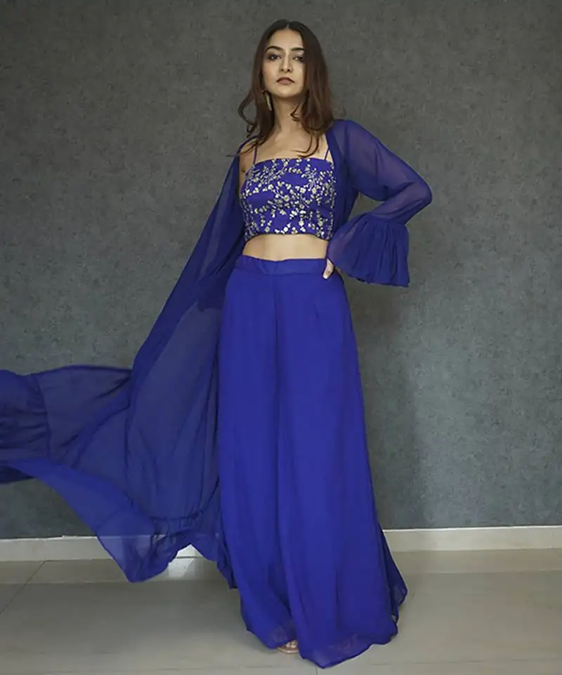 Blue georegette plain cape paired with top & pant