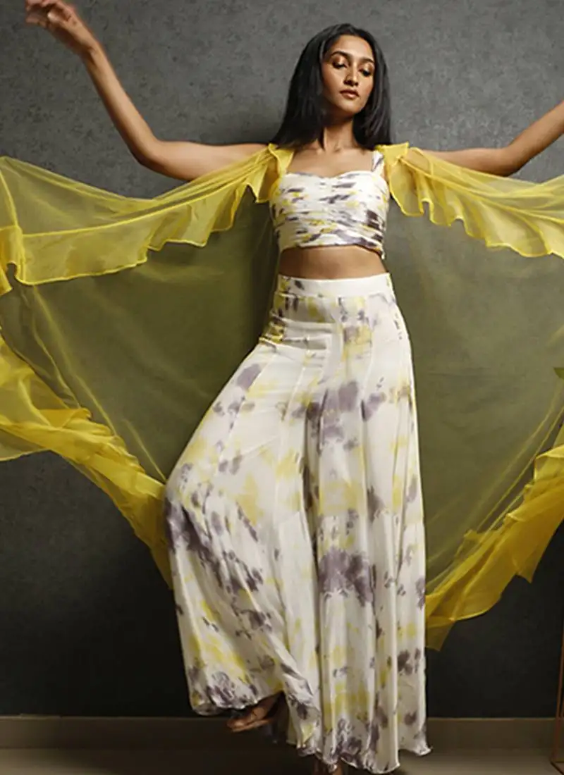 White georegette printed cape paired with top & pant