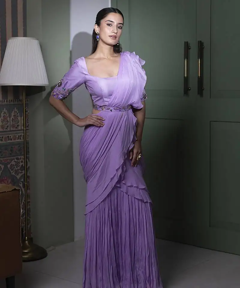 Purple chinnon plain saree with embroidered blouse & belt