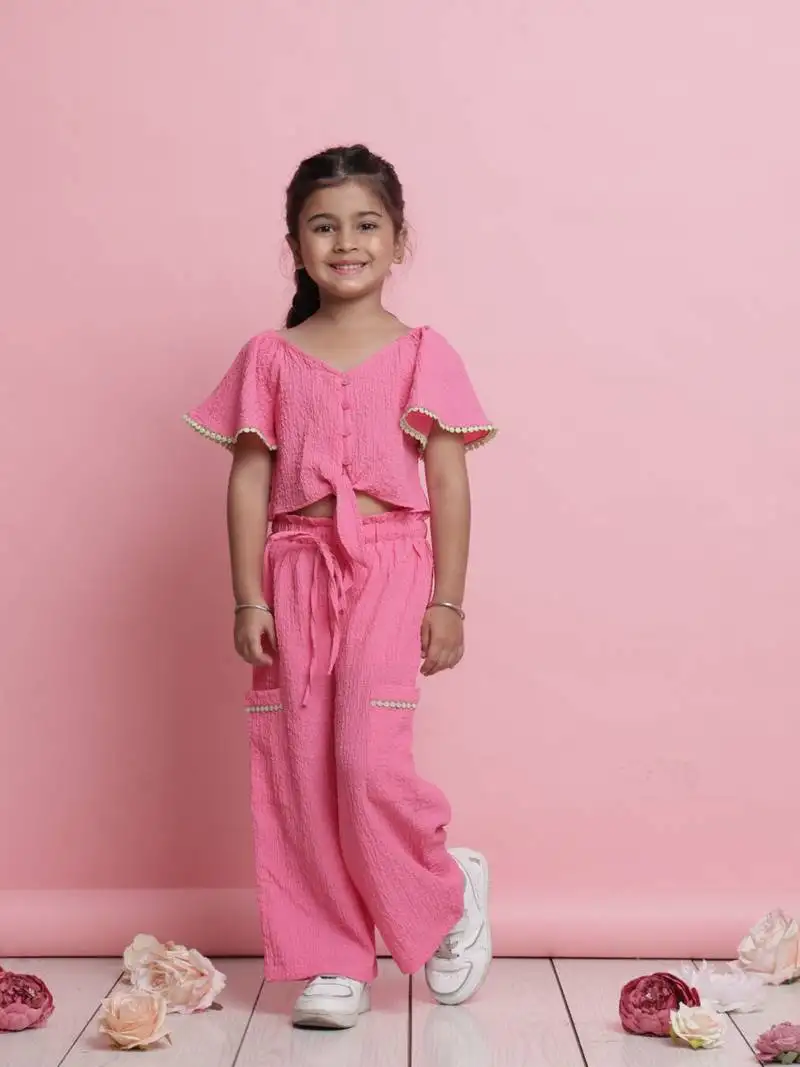 Girls' pink co-ord set front-knot button top & relaxed fit trousers