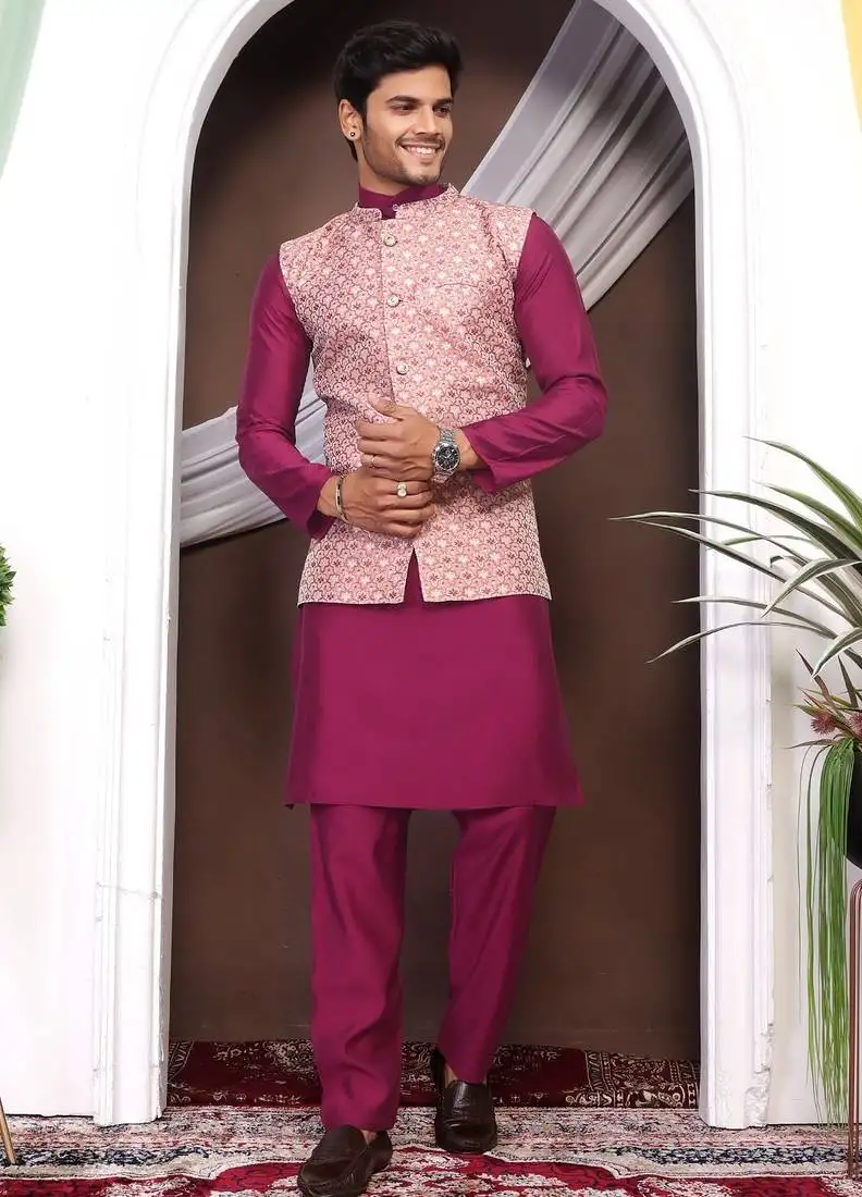 Wine jacquard work nehru jacket roman silk men kurta set